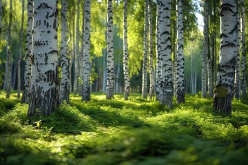 Obraz premium Tranquil birch forest with graceful white bark and lush green understory in a serene environment