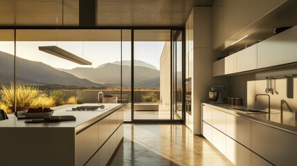 Modern kitchen with large windows showcasing a scenic mountain view at sunset.