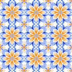 On white background, seamless geometric quatrefoil pattern design in yellow, orange, blue, navy blue, and turquoise colors