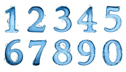 Set of numbers 1 to 10 with a concept shaped from water on a white background, design element.