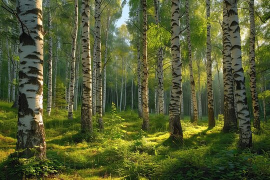 Serene forest with tall birch trees, distinct white bark, and lush green ground cover