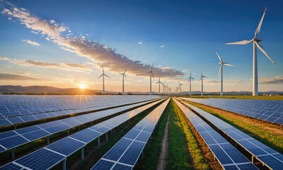 A field of solar panels stretches out towards a row of wind turbines at sunset