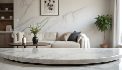 A marble countertop or table in the foreground, with a blurred living room scene featuring a couch and decorative elements.