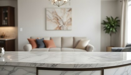 A marble countertop or table in the foreground, with a blurred living room scene featuring a couch and decorative elements.