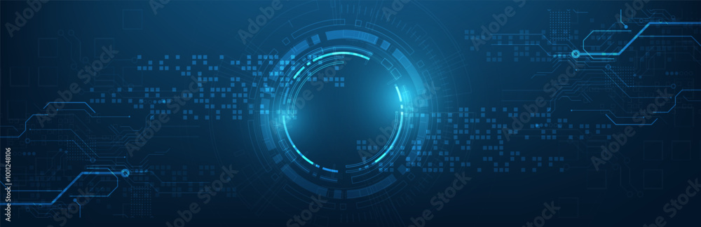 Fototapete abstract digital blue background with a glowing circular interface and circuit patterns, symbolizing