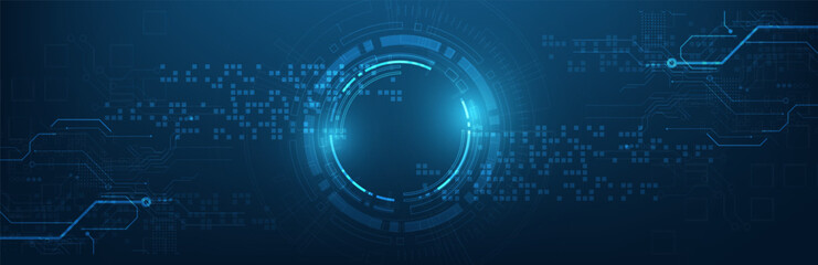 Abstract digital blue background with a glowing circular interface and circuit patterns, symbolizing advanced technology and innovation. 