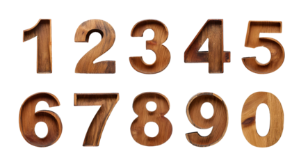 Set of numbers 1 to 10 with wooden shaped concept on transparent background, design element. png