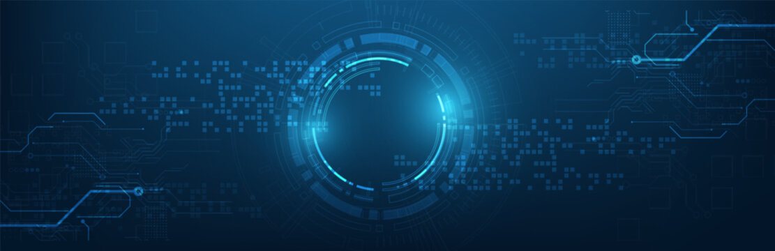 Abstract digital blue background with a glowing circular interface and circuit patterns, symbolizing advanced technology and innovation. 