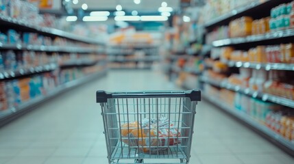 Supermarket scene with a shopping cart in front, ready for shopping. 