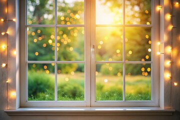 Fototapeta premium Soft, warm light spills through a minimalist white window frame, casting a gentle glow on a blurred, peaceful