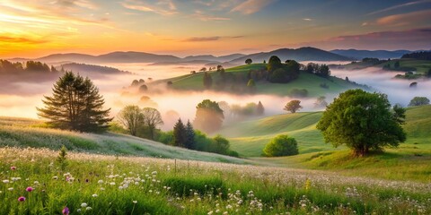 Soft, whimsical misty dawn breaks over serene rolling hills, with lush green trees and delicate wildflowers, creating a