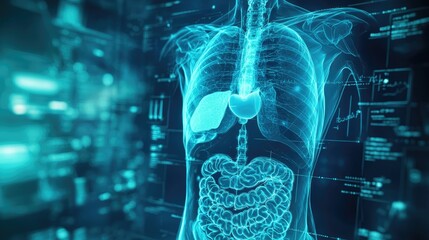 Digital X-ray of human torso showcasing internal organs with highlighted treatment areas, representing modern medical technology and diagnostics