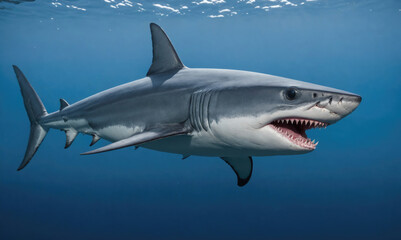 Fototapeta premium A great white shark swims through the blue ocean water
