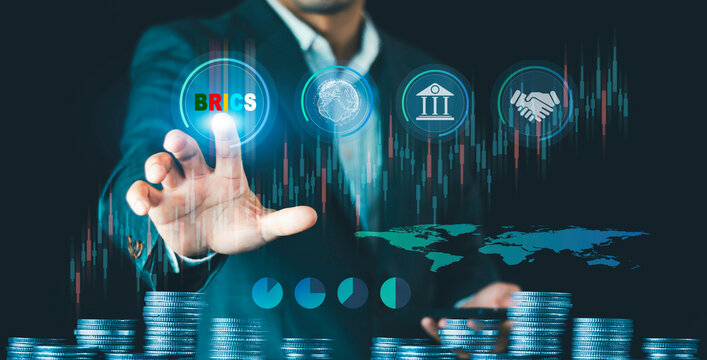 BRICS, new group of powerful rising states. Business finance long-term investment analyzes, Capital gain world money economic growth, coin stack financial graph chart, stock trading market service - Powered by Adobe