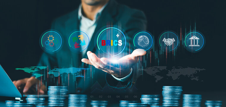 BRICS, new group of powerful rising states. Business finance long-term investment analyzes, Capital gain world money economic growth, coin stack financial graph chart, stock trading market service