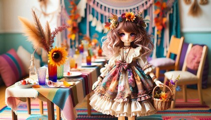 Fototapeta premium A beautifully detailed doll dressed in a floral costume with a basket of flowers, surrounded by vibrant autumn-themed decor and colorful tableware. 