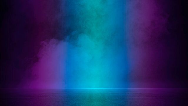 Futuristic empty neon Halloween background or wallpaper, purple and dark scene blue gradient, colorful Abstract high tech light, spooky night with smoke float up, asphalt floor, studio product