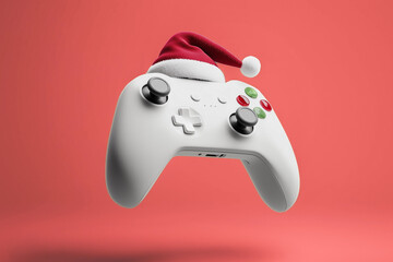 white game controllers gamepad  in Santa hats hover on a red background. Christmas for video game lovers	