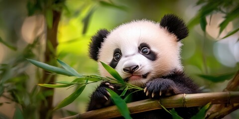 Obraz premium Adorable Panda Cub Munching Bamboo: A captivating close-up of an endearing giant panda cub nestled amongst bamboo, delicately munching on fresh leaves.