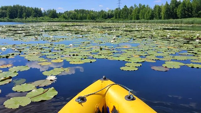 Man floating on inflatable boat on lake through lilies. Person floating on yellow inflatable boat on mirror surface of water of lilies with reflection of blue sky on calm summer sunny day. Sports