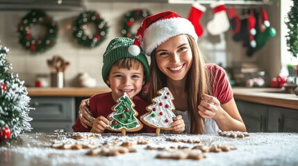 smiling mother and child showing christmas tree shaped cookies covered with sugar icing against kitchen background with christmas decorations