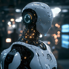 Fototapeta premium a humanoid AI robot standing in a high-tech lab, showcasing intricate circuitry and glowing lights.