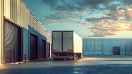 Obraz premium A semi-trailer truck positioned at a logistics park ramp, with warehouse doors open for loading and distribution.
