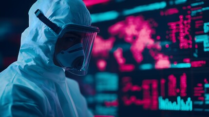 A person in protective gear analyzes data on a futuristic screen illuminated with vibrant colors, suggesting a high-tech environment.