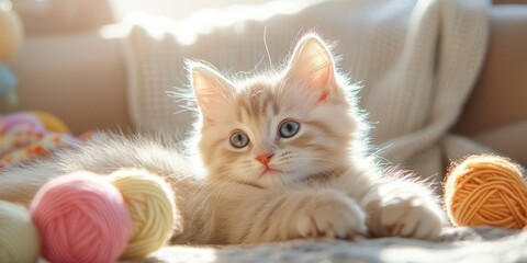 Kitten's Playtime: A captivating image of a fluffy, golden-eyed kitten nestled amidst colorful yarn balls, bathed in the soft glow of sunlight.