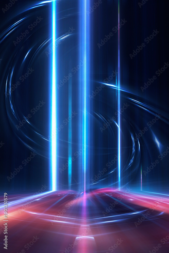 Wall mural dark abstract background. empty neon stage with rays.