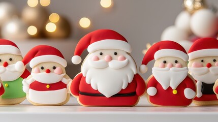 Christmas cookies in the shape of Santa with sugar icing lie on a table, against the background of fir branches and Christmas decorations
