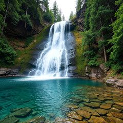 Obraz premium Waterfall Cascading into a Pristine Mountain Pool