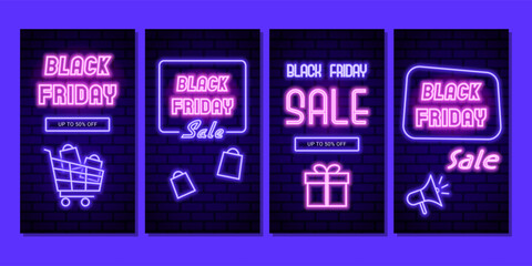 Set of vertical Black Friday banners featuring neon text on a brick wall. Vector posters for sales promotions