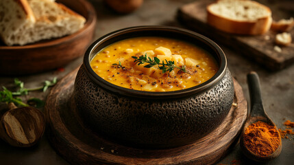 "Lentil soup garnished with spices and herbs, served in a rustic metal bowl alongside cheese, lemon, bread, and croutons."






