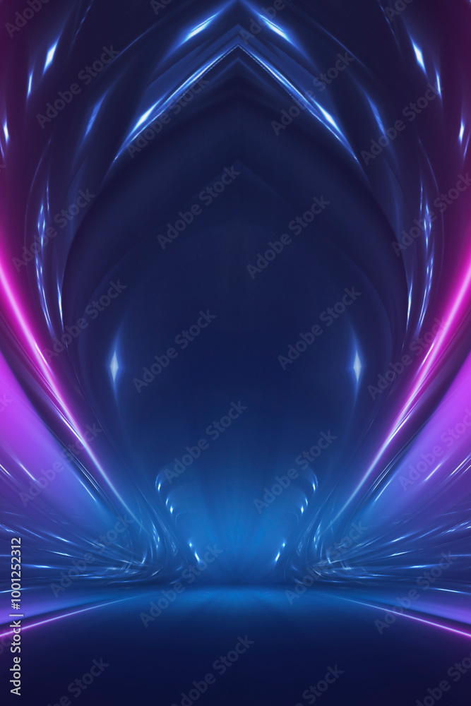 Sticker dark abstract background. empty neon stage with rays.
