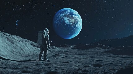 Astronaut standing on the lunar surface, gazing at the blue Earth in the background, against a backdrop