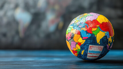 International Mother Language day. A multi-colored globe on a grey stone background. Horizontal banner. Free space for text. Copy space. Multiculturalism, tolerance, equality concept