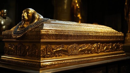 Beautifully decorated golden sarcophagus, shining against a dark background,