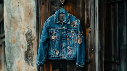 Obraz premium A blue denim jacket with patches hanging on a wooden door.