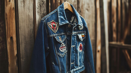 A denim jacket with colorful patches hanging on a wooden wall.