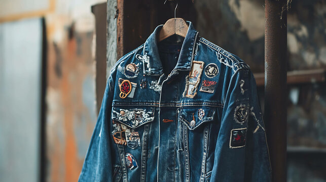 A blue denim jacket with colorful patches hanging on a rustic hanger.
