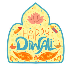 Happy Diwali light festival vector lettering. Diwali poster design with colorful lantern lights, hand drawn typescript, fireworks, diyas. Flat cartoon elements for graphic and web design templates