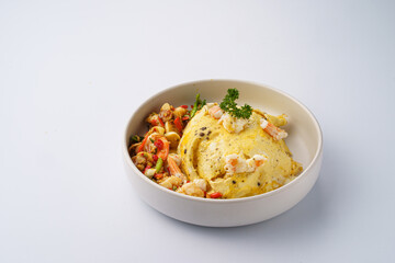 Savory shrimp omelette with vegetable salad