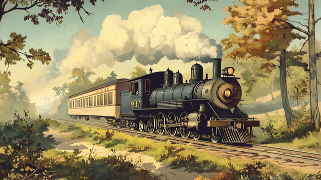A vintage illustration of a steam train traveling through a forest landscape.