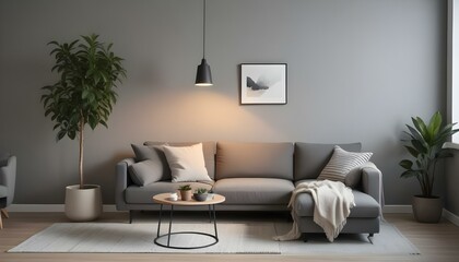 A cozy living room with a gray sofa, a potted plant, and a floor lamp. The room has warm lighting and a minimalist, modern decor style.