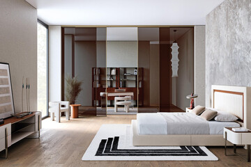 Modern luxury bedroom interior in minimal scandinavian style