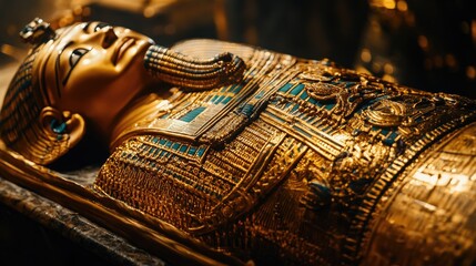 Close-up of a golden sarcophagus, adorned with intricate ornaments and symbols, standing out against a shadowy background.