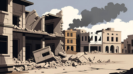 A Middle Eastern Palestine Gaza condition destroy buildings and house smoke in air sad background illustration 