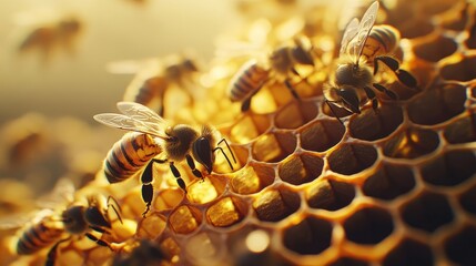 Close-up shot of bees busily working on honeycomb cells, the intricate structure of the hive visible as they tend to the honey.