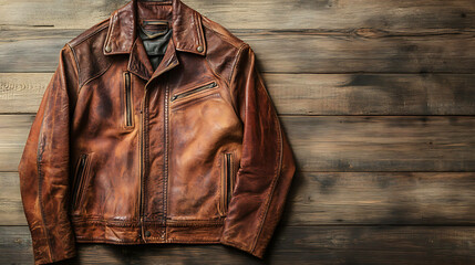 Fototapeta premium A brown leather jacket laid flat on a rustic wooden background.